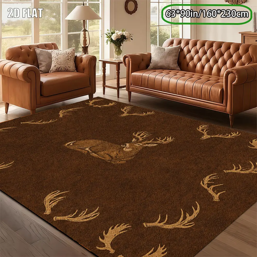 [2d Flat]1pc Vintage Style Brown Reindeer Antler Pattern Area Rug, non-slip, easy to clean, machine washable. Suitable for living room, bedroom, entryway, etc. Living room rug, bedroom rug