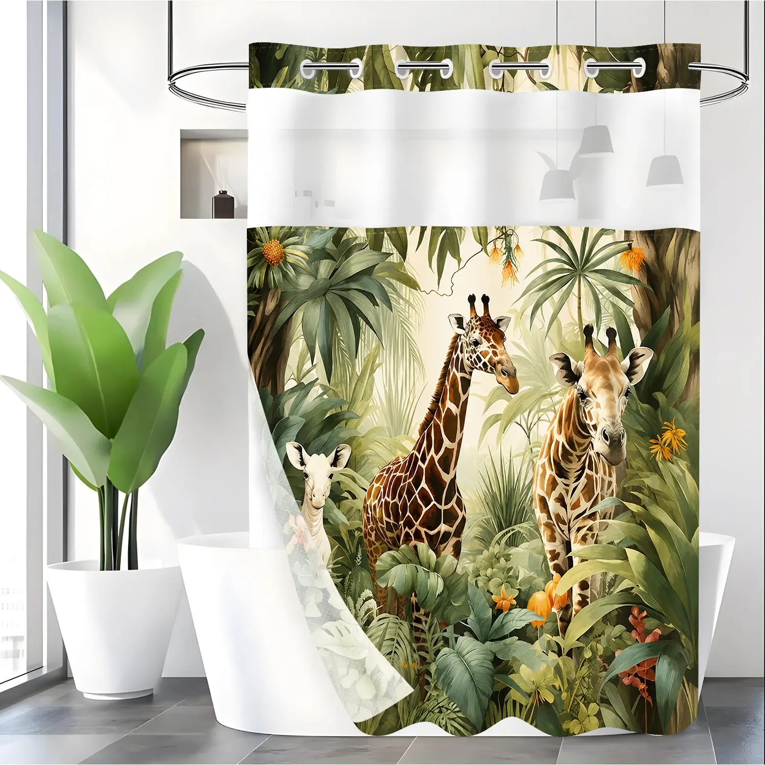 LVRLVR 1pc Tropical Jungle Giraffe Shower Curtain, Vintage Watercolor Palm Leaf Wild Animal Print, Sheer Top Window, Detachable Liner & No Hook C-Ring, 70.8" x 74"