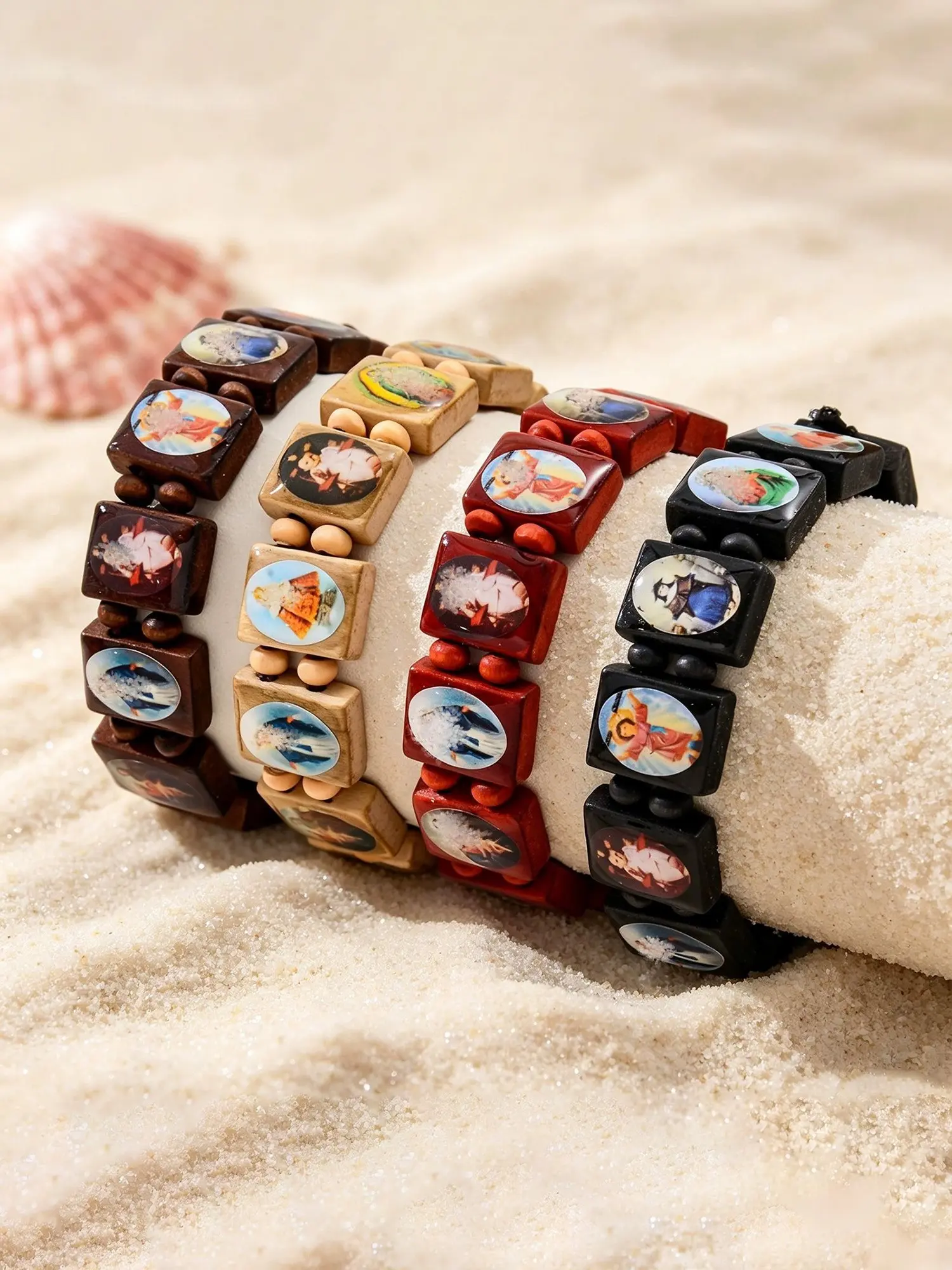 4 Pcs Natural Wood Bead Bracelet with Religious Saint Sticker, Elastic Stretch DIY Prayer Beads, Handmade Cross Wooden Bead Bracelet, Beaded Bracelets, Religious Faith Bracelets