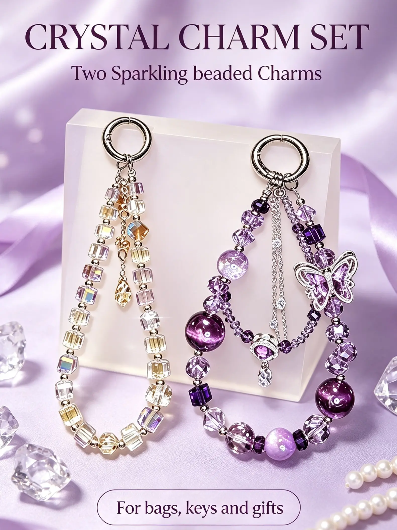 2 Pack Handmade Crystal Beaded Bag Charm Set, Purple Butterfly Pendant Keychain Aesthetic Phone Strap Decor Gift For Women