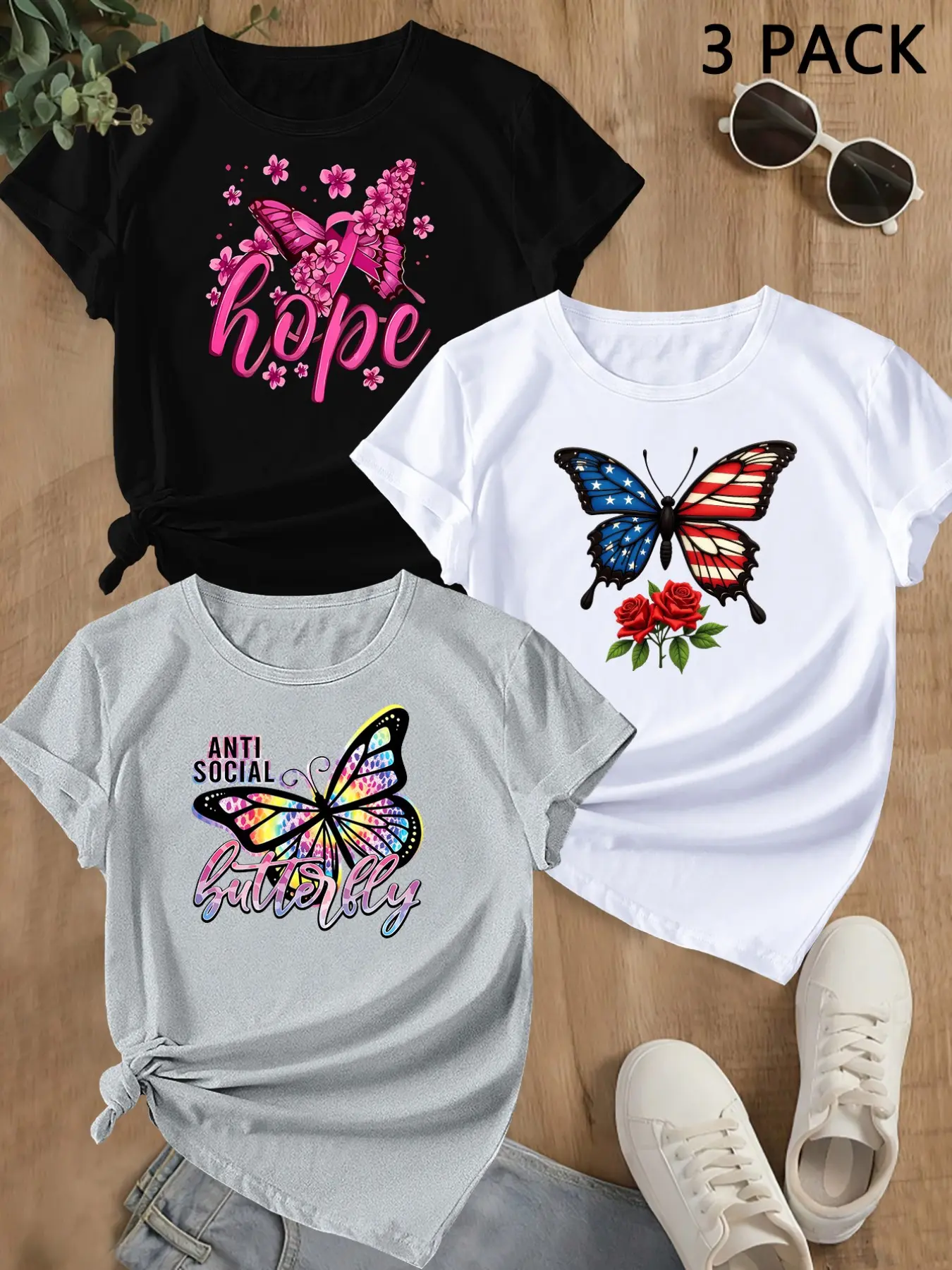 Summer Trendy Short Sleeve, Butterfly Print Sporty Women's Casual Round Neck T-Shirt, Comfortable Summer Top, Perfect for Leisure Days