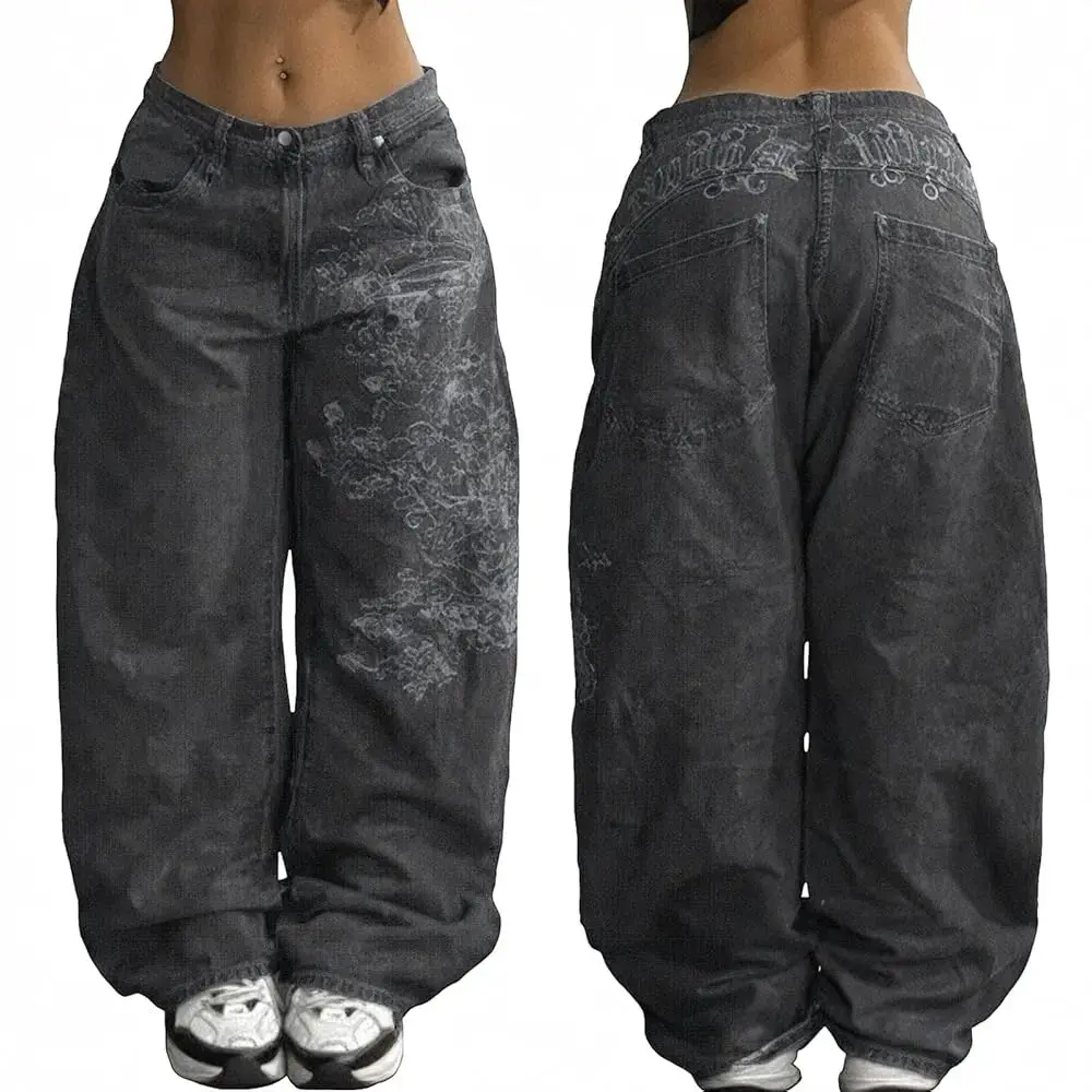 Women's 90s Retro Loose-Fit Hip-Hop Style Jeans – Mid-Low Rise Streetwear Denim with Cherry Blossom Embroidery