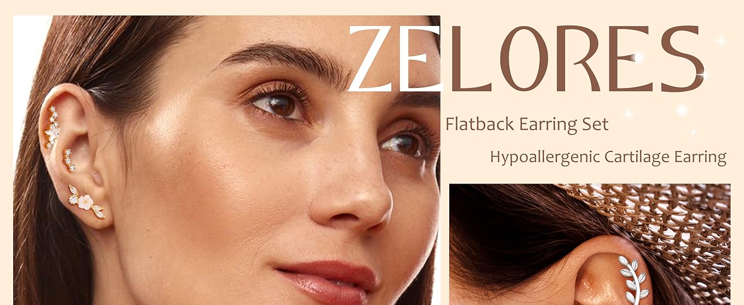 ZELORES  9Pcs Flat Back Cartilage Earrings for Women Trendy 16G Tragus Conch Helix Piercing Jewelry Stainless Steel Snake Star CZ Flat Back Stud Earrings Set