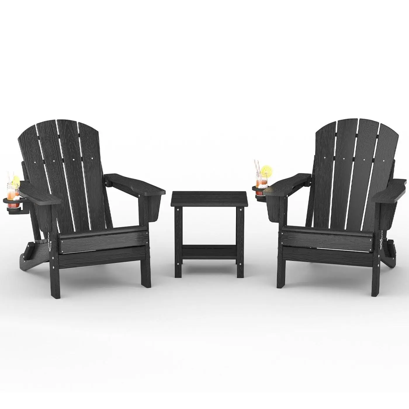 Collapsible HDPE Adirondack Patio Chair, All-Weather Water-Resistant Outdoor Chair with Cup Holder Wood Grain Texture, Easy Assembly Seating for Garden Lawn Deck Fire Pit