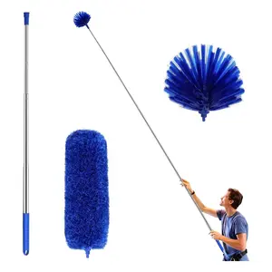 Soft Aluminium Cobweb Duster Cleaning Set with Telescoping Extension Pole, 2 Duster Heads, Corner Brush, Washable for Ceiling Fan, Blue