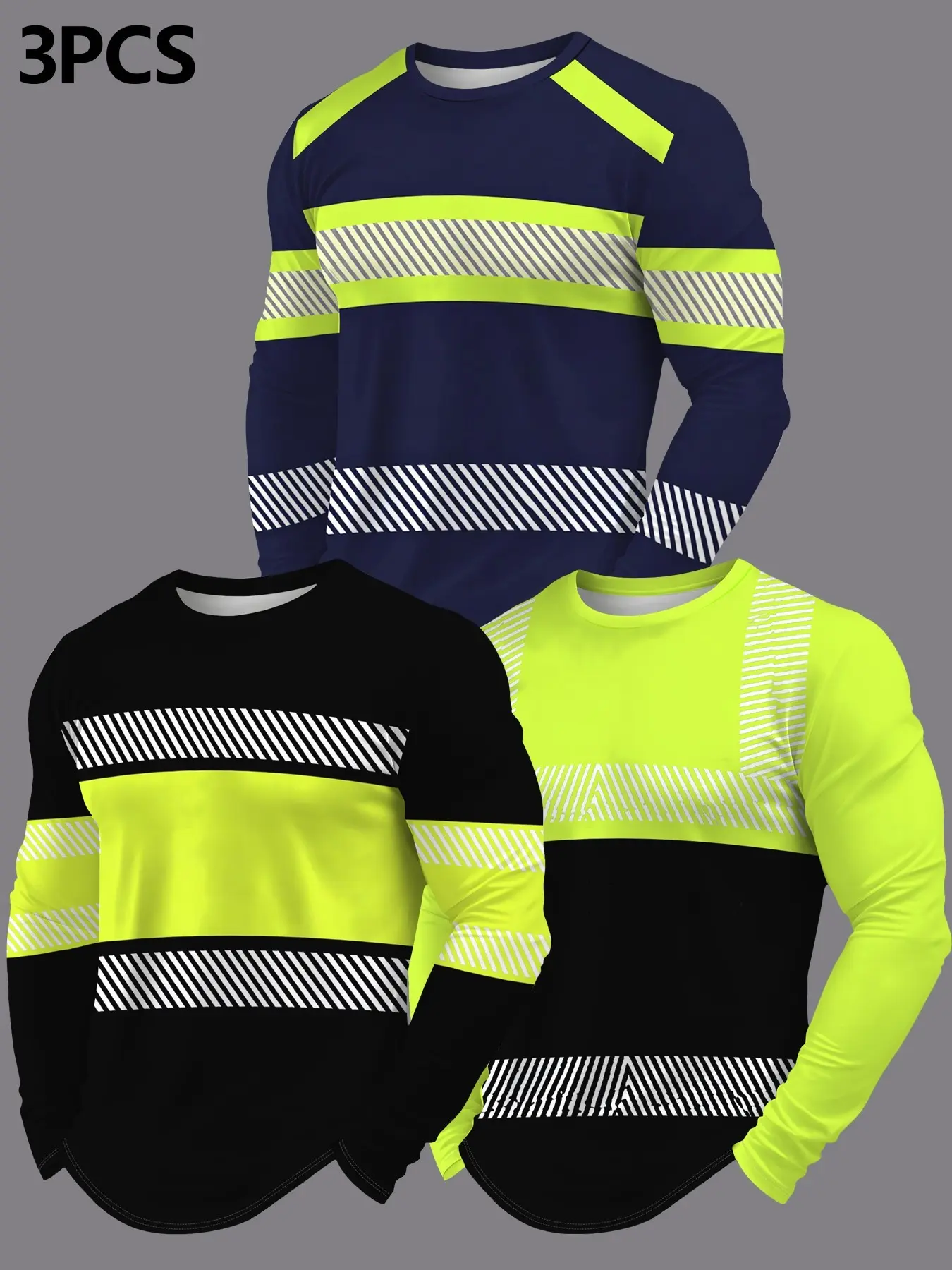 Men's 3-Pack Reflective Long Sleeve T-Shirts, High Visibility Safety Tops, Casual Slim-Fit Graphic Tees, Organic Textile, China Made