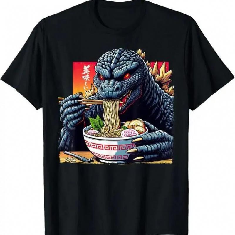 Funny monster eating ramen Japanese monster lover birthday T-shirt, funny casual streetwear, classic solid color unisex cotton moisture-wicking short-sleeve crew neck gift