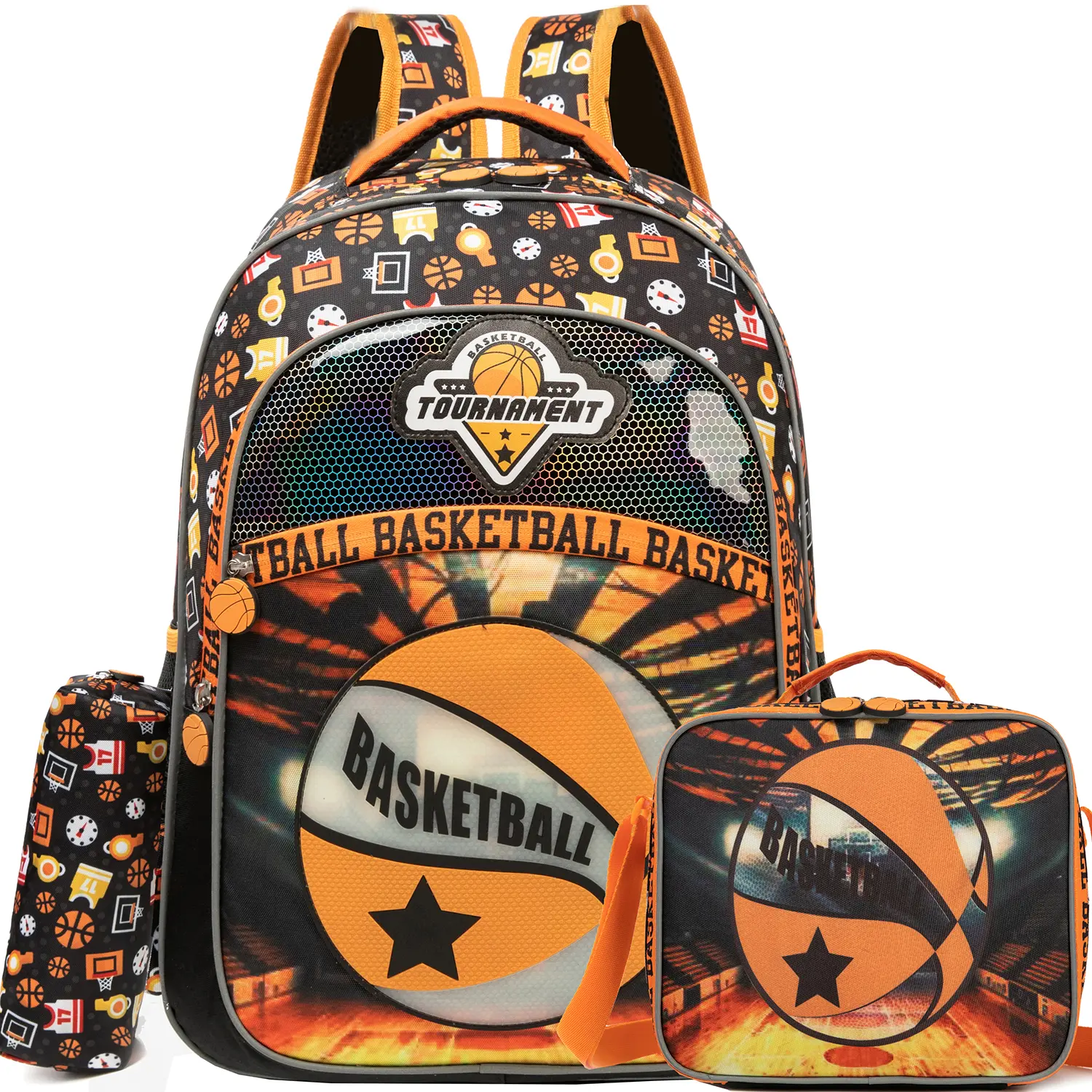 3-Piece Boys Basketball School Backpack Set | Cool 3D Embossed Football Basketball Tournament Bookbag with Lunch Box & Pencil Case | Orange & Black Sports Schoolbag for Kids