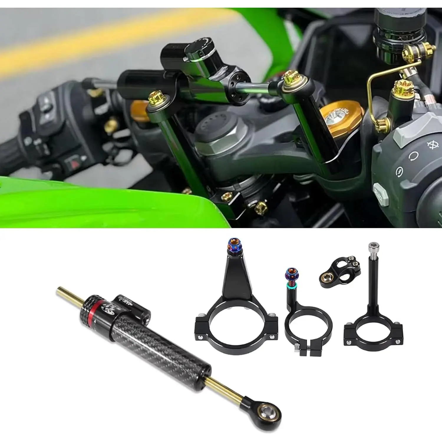 Titanium Motorcycle Steering Damper Kit - New Condition Part with Impact Reduction & Vibration Dampening, Fits ZX-4R/ZX-4RR/ZX-25R (2023-2025) - Buffer Shock Absorber & Stabilizer (A), Fits Multiple Years