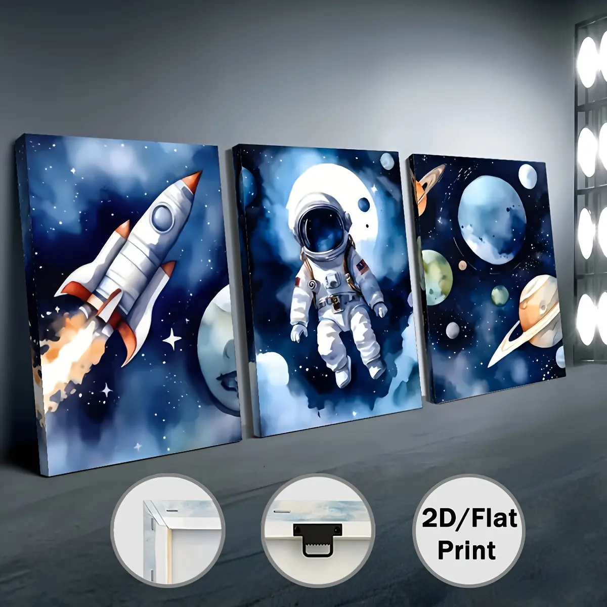 3-Panel 2D Printed Canvas Wall Decor, Space Exploration Artwork with Astronaut, Rocket and Planet Designs, Modern Galaxy Graphic Decoration for Bedroom Kids Room