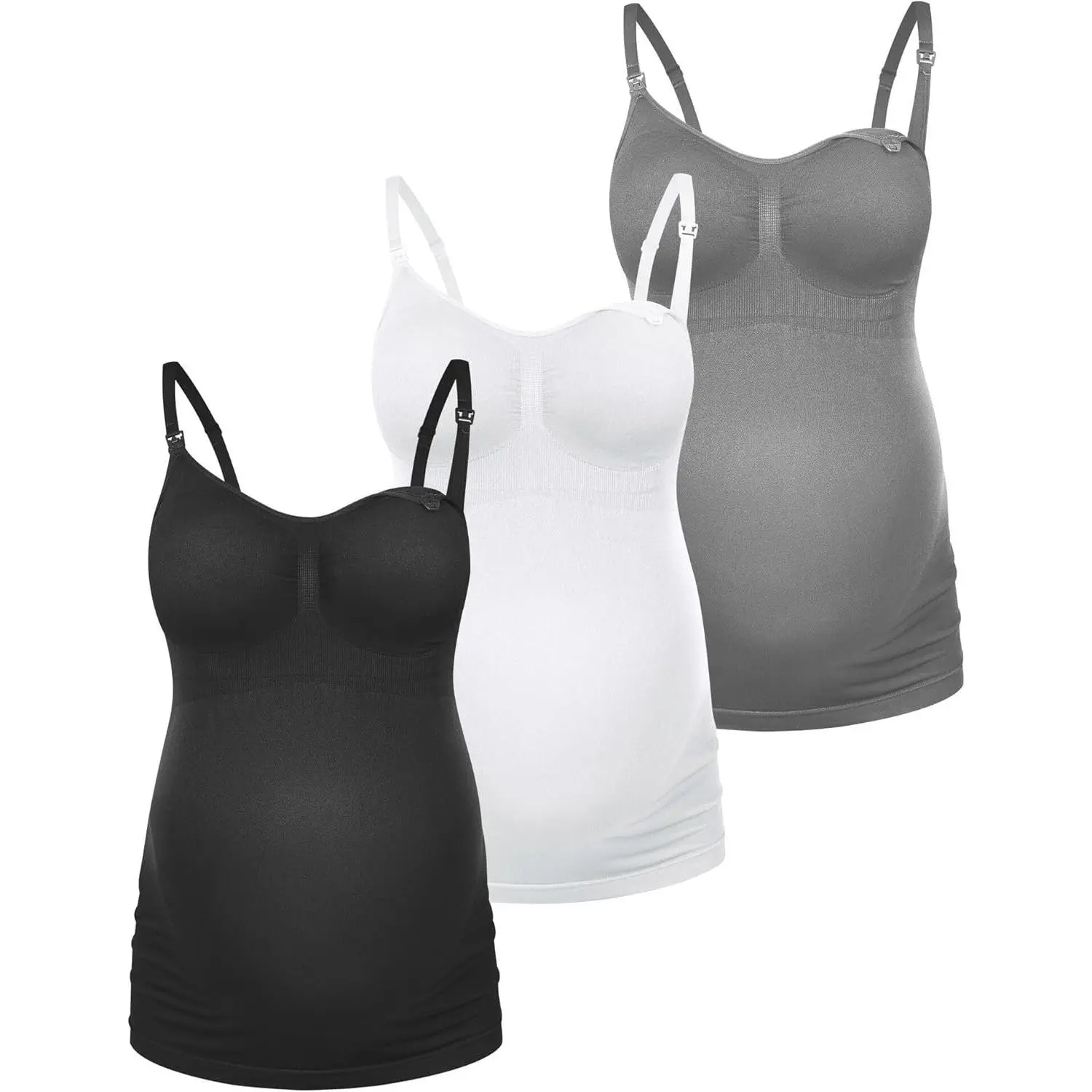 Nursing Tank Tops with Built-in Shelf Bra, Pads Not Included | 94.8% nylon/5.2% spandex; non-padded shelf bra, pad insert openings, clip-down access, adjustable straps; pads not included