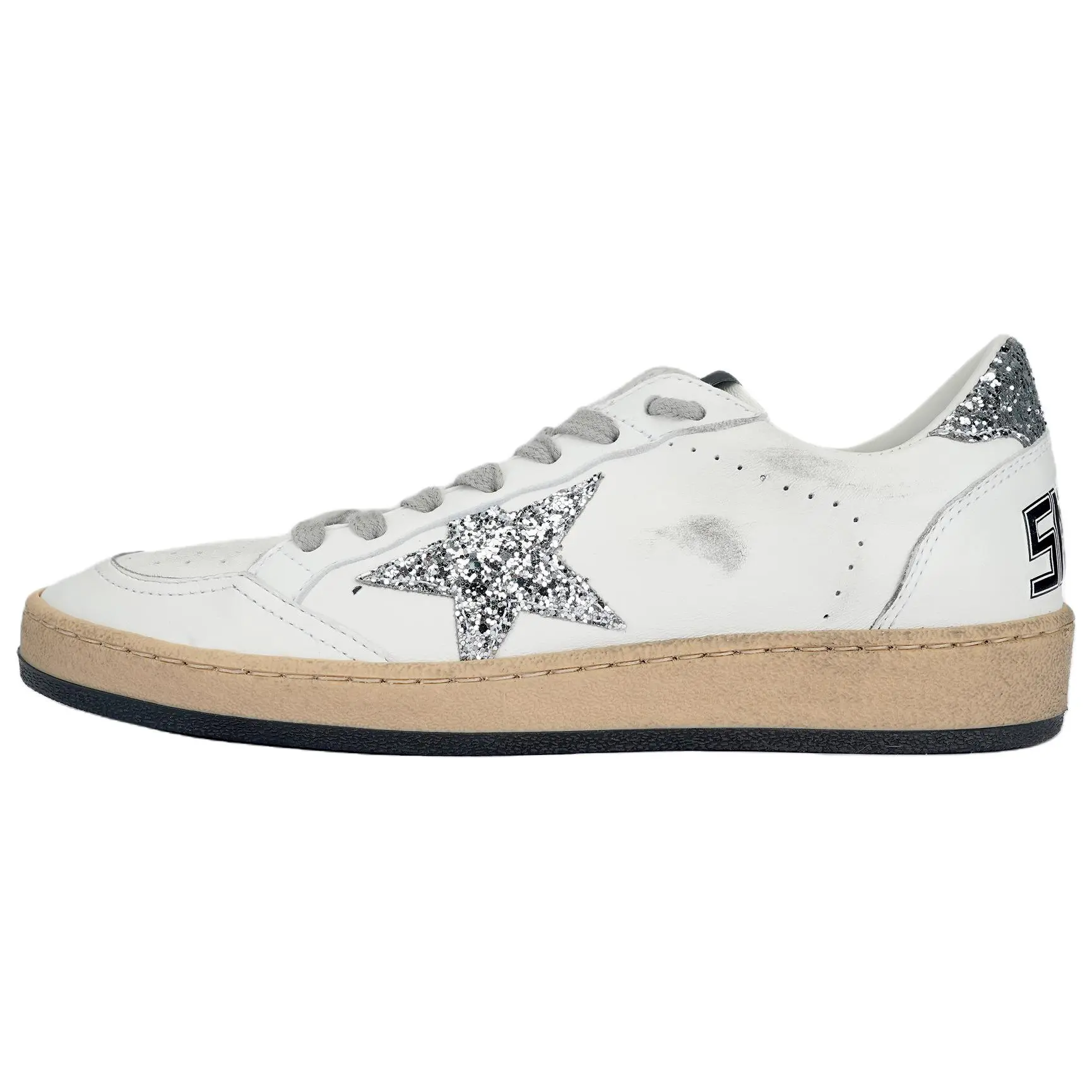 Golden Goose Ball Star Women’s Low-Top Distressed Lace-Up Sneakers in Silver White Verifiable, with credentials and supporting global authentication