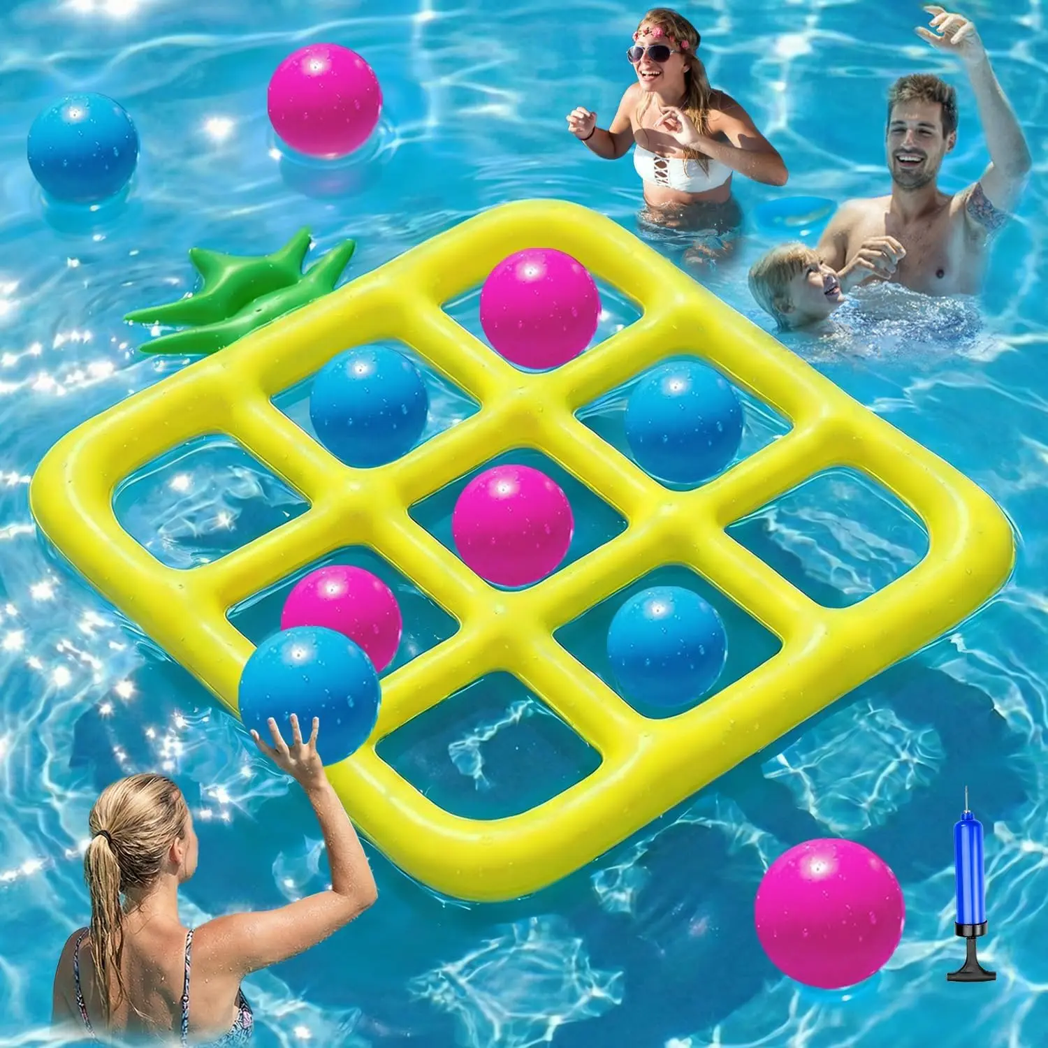 Giant Floating Tic Tac Toe Pool Game - Inflatable Tic Tac Toe Toy with 10 Balls, Pineapple Design Pool Party Floats, Yard Field Day Outdoor Beach Toys for Adults Teens Kids (Yellow)