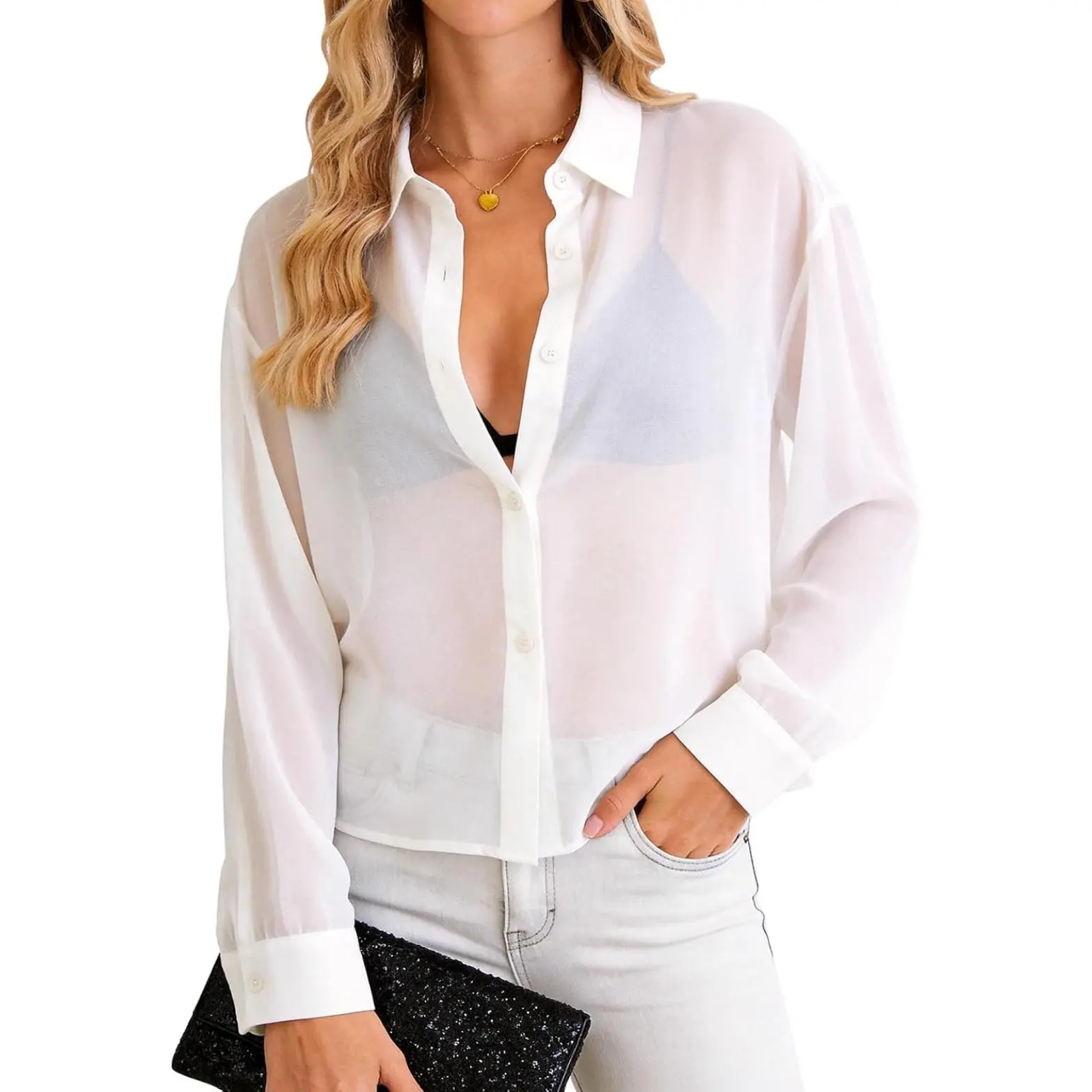 Women's Collared Long-Sleeve Sheer Mesh Blouse - Button-Front, Cropped Cut, Medium Length Sexy Going Out Top, Longsleeves, Date Night Transparent Clothes For Women, Hand Wash #, Date Night Top, Solid Plain, Basic, Button Up Blouse, Going Out Clubbing Tops