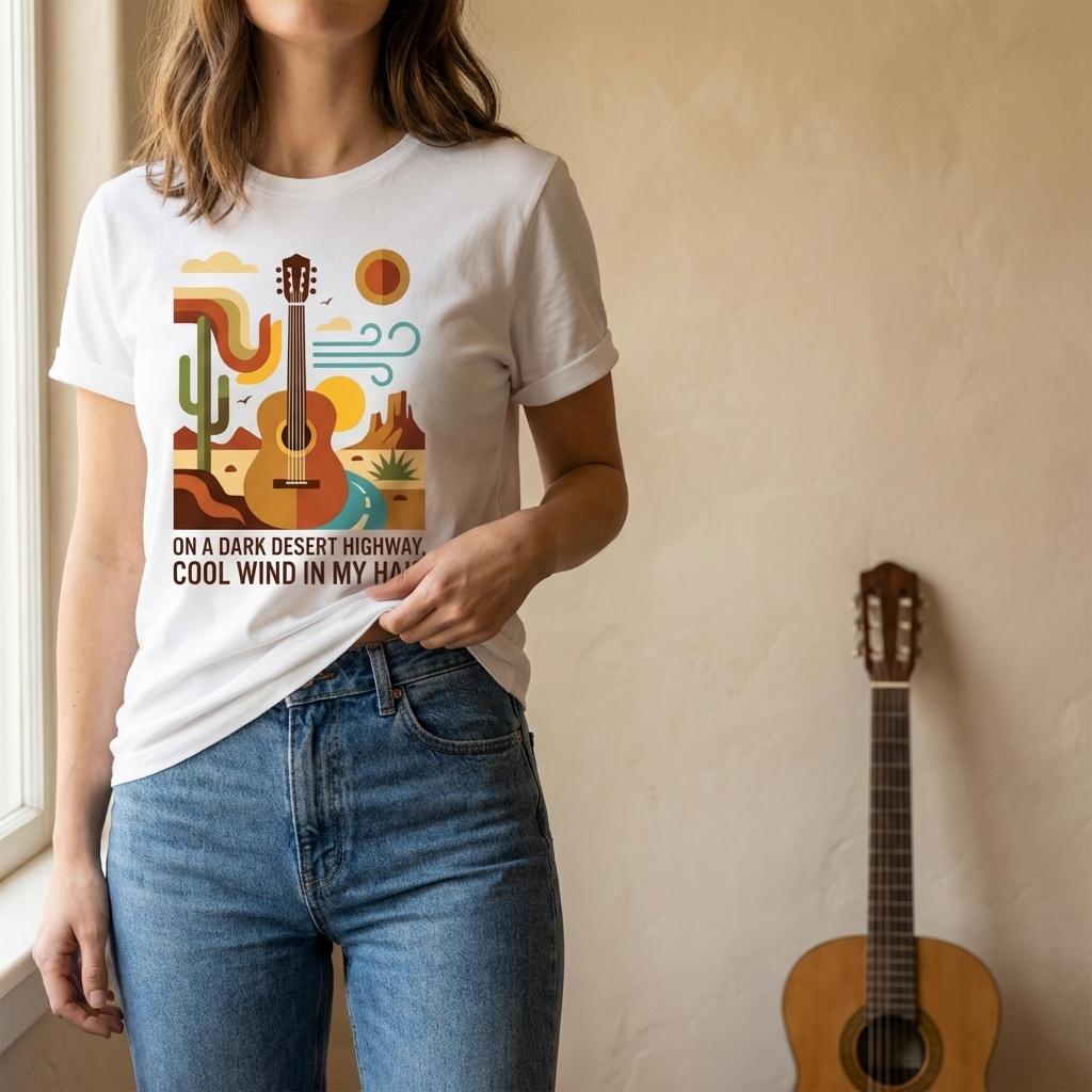 Vintage Acoustic Guitar Desert Highway T-Shirt,On A Dark Desert Highway Guitar T-Shirt, Retro Desert Road Trip Graphic Tee, Summer Vacation & Holiday Gift for Music Lovers kinich