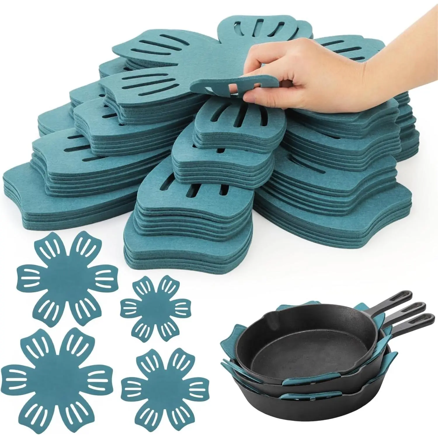 24 Pack Pot and Pan Protectors, 4 Different Size Pans Separator, Anti-Slip Pan Dividers Pads, Felt Cookware Protector Set for Stacking and Protecting Your Cookware, Set of 24, Cyan