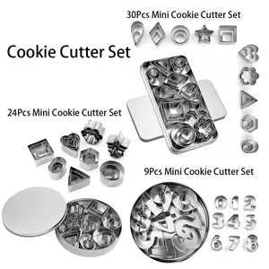 Stainless Steel Mini Cookie Cutter Set, 9/24/30 Pieces, Geometric & Number Patterns, Baking Tools for Cookies, Cakes, Fruits