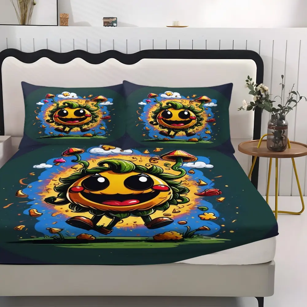 3-Piece Cute Cartoon Sunflower Smile Bed Sheet Set, Includes 1 Bed Sheet and 2 Pillowcases, Soft, Ideal for Home and Dorm Decor
