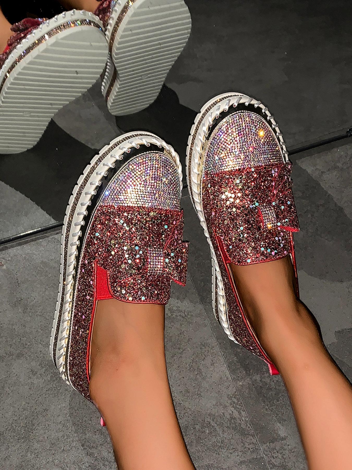 Women's Fashionable Contrast Sequin Bowknot Design Slip on Style Loafers, Elegant Comfort Flat Shoes for Daily Wear, Lightweight Breathable Shoes for Women & Girls
