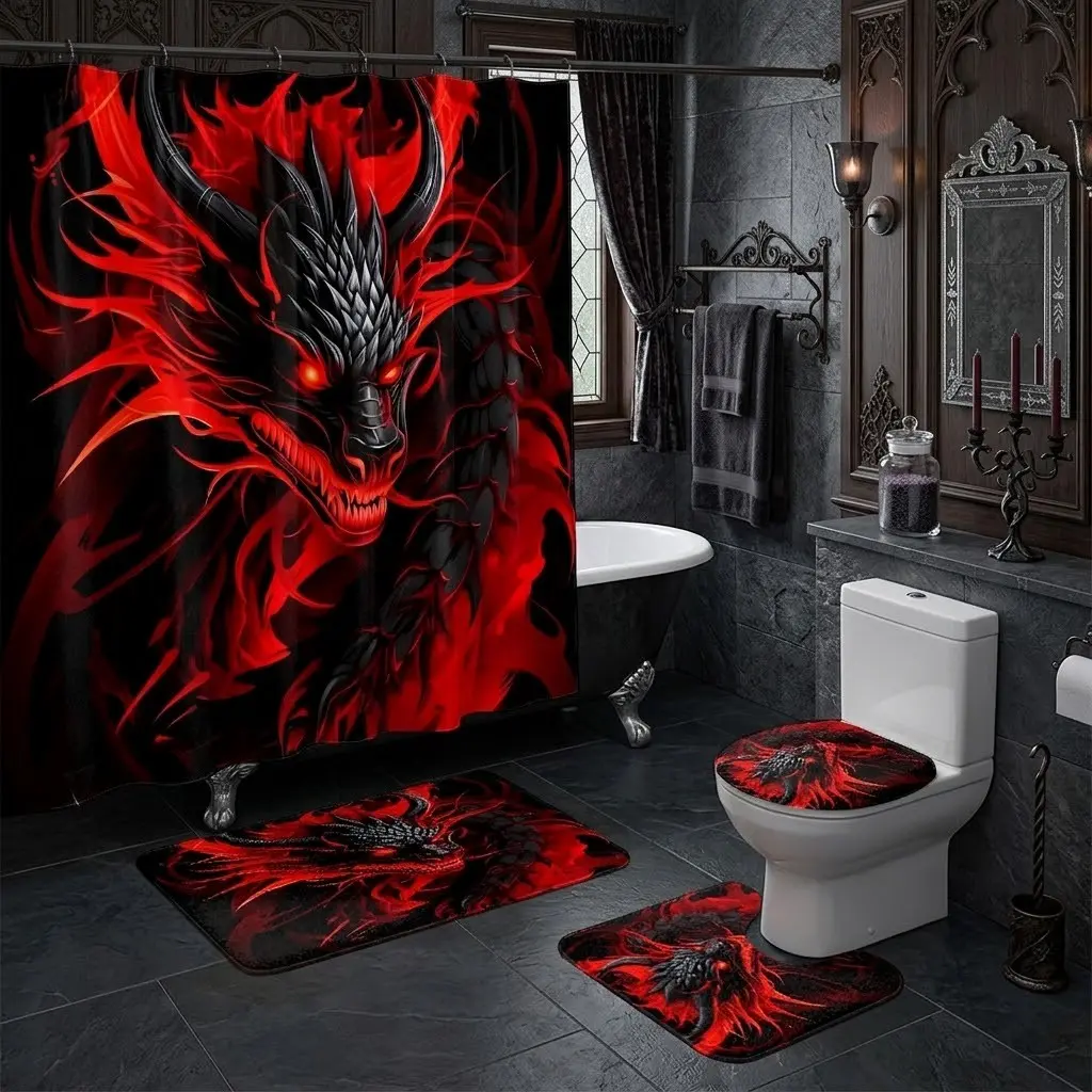 4pcs Black Red Fire Dragon Dark Fantasy Wildlife Print Shower Curtain Set, Gothic Dragon Bathroom Kit with Toilet Lid Cover & Matching Floor Mats,The floor mat fabric is thicker and softer!  Cool Gothic Home Bathroom Decor