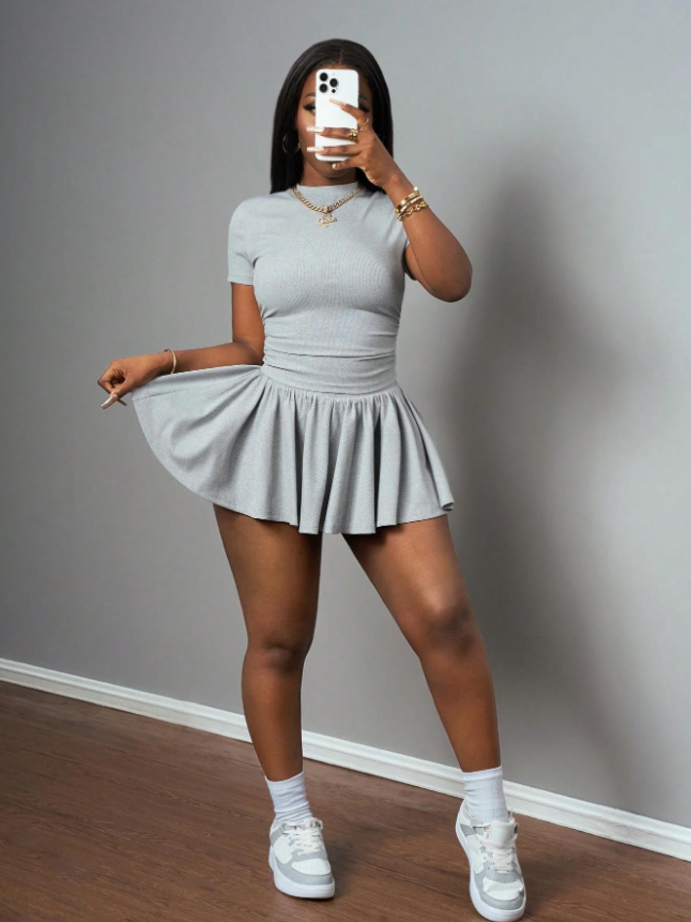 Two-piece Set Women's Solid Color Knit Tee & Skort, Casual Short Sleeve T-shirt & Skort for Daily Wear, Ladies Clothes for Spring & Summer, Cute Summer Outfit