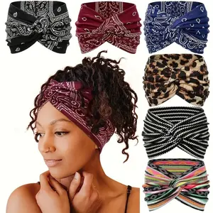 Boho Headbands for Women Wide Bandana Hair Bands Vintage Paisley Leopard Printed Turban Elastic Stretchy Twisted Knot Headwrap Non Slip Workout Yoga Running Sport Hair Accessories