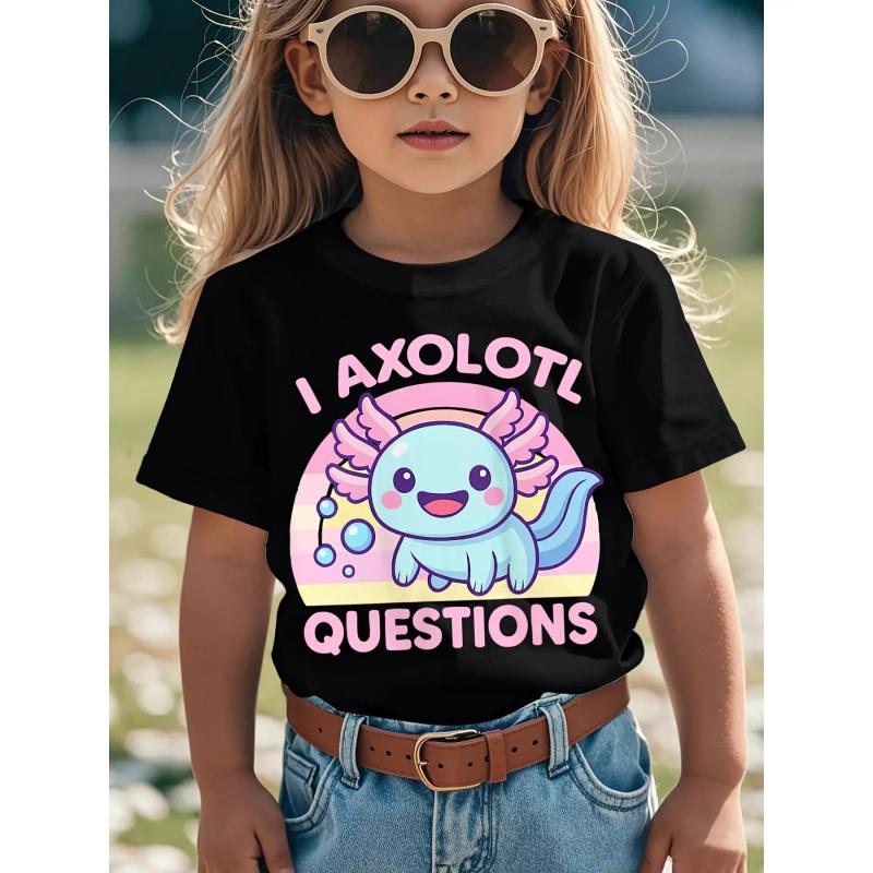 Girls' Funny Cute Axolotl Graphic T-Shirt - "I Axolotl Questions" Slogan with Pink Lettering & Mexican Walking Fish Design, Soft Round Neck Short Sleeve Casual Summer Top for Casual Attire, Playdates & Themed Events - Breathable Comfortable 'pparel