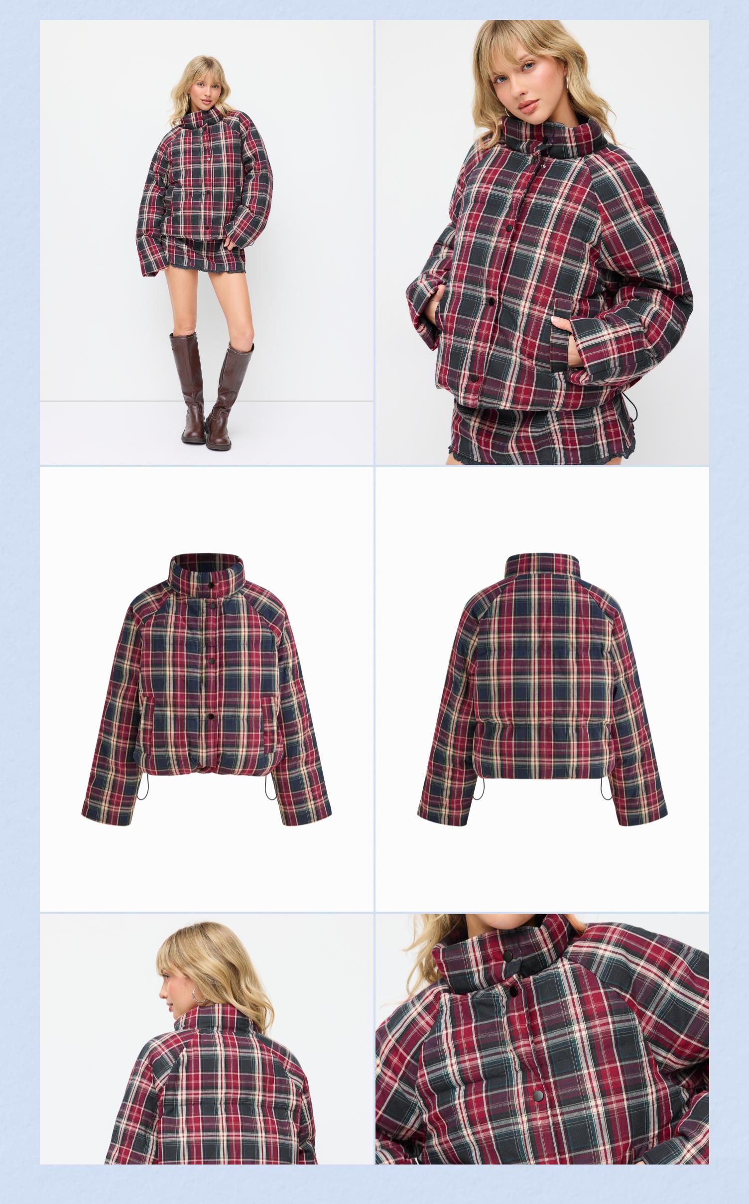 Cider Plaid Stand Collar Drawstring Pocket Puffer Jacket