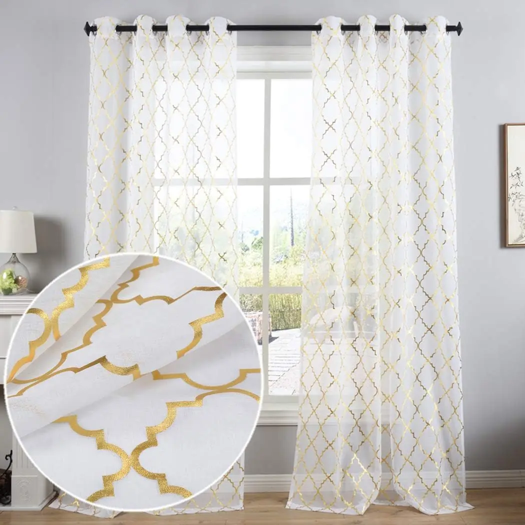 and White Sheer Curtains 63 Inch Length 2 Panels Metallic  Ogee Patterned Sheer Curtains for Bedroom, Grommet  Light Filtering Shimmer Sheer Window Curtains, W52 x L63 Inch