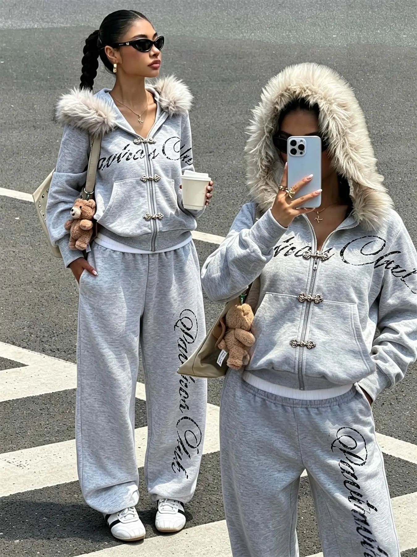 Gray two-piece tracksuit with faux fur-trimmed hooded zip-up sweatshirt & wide-leg casual pants, loose fit suitable for both men and women, perfect for city shopping, coffee dates, street style, and campus outings.