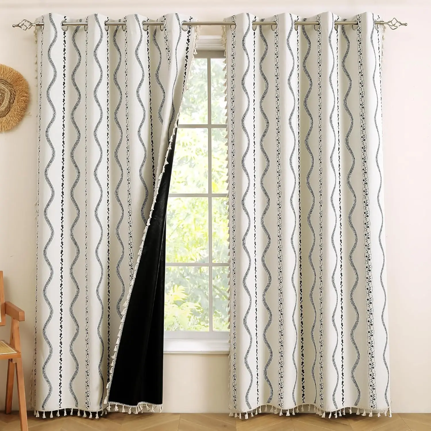 Boho Floral 100% Blackout Curtains for Bedroom Light Blocking Window Curtains & Drapes Farmhouse Vintage Black and White Patterned Black Out Drapes 63 Inch for Dining Living Room