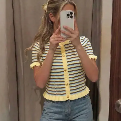 Women's Summer Striped Contrast Round Neck Button Short Sleeve Knit Top, Cute Vintage Casual Classy Elegant Button Up Ruffled Decor, Ideal for Daily Dates and Outdoor Wear Womenswear