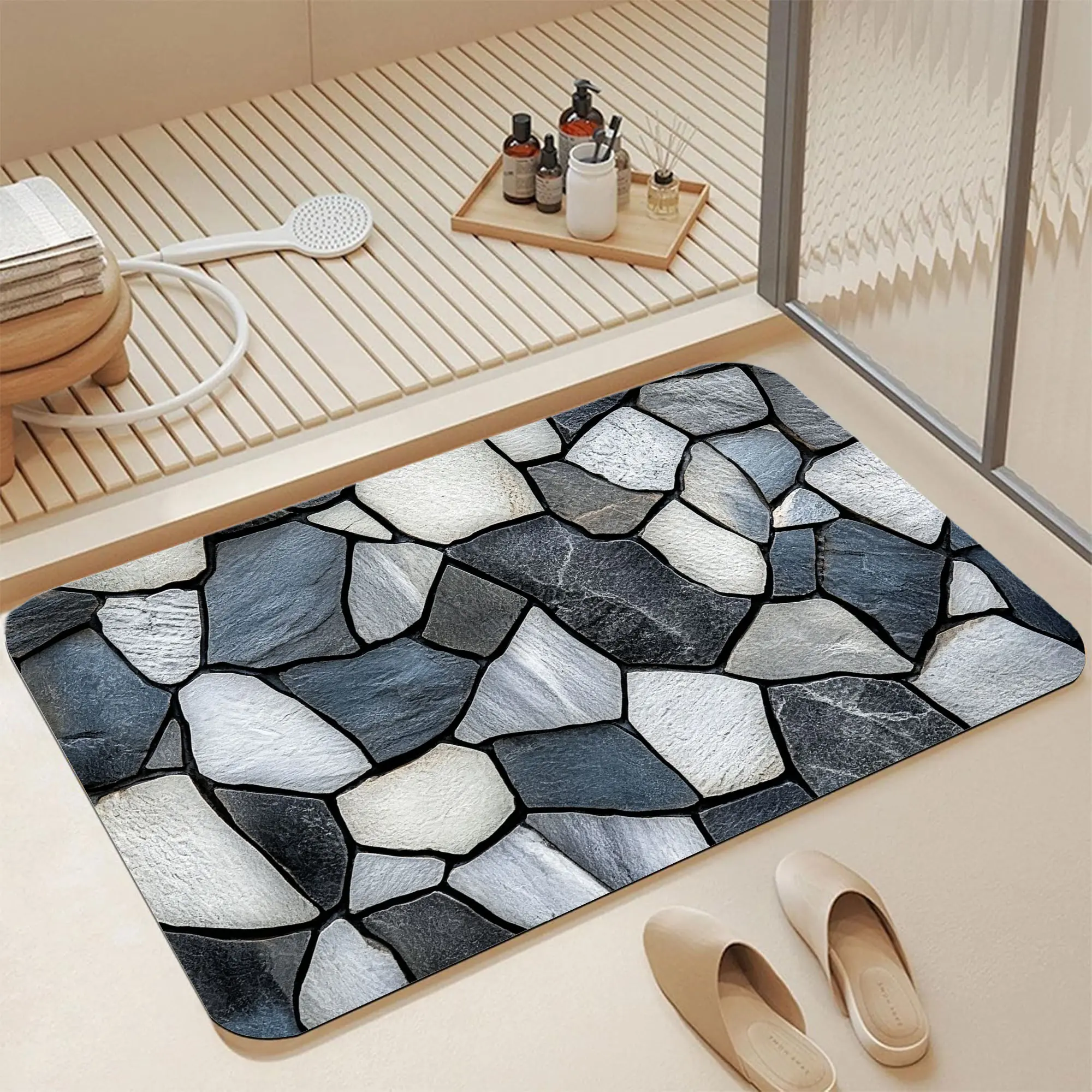 16x24 Inch Natural Grey Black Irregular Slate Stone Mosaic Rock Texture Neutral Diatomaceous Earth Bath Mat, Ultra Fast Water Absorbing Non-Slip Rubber Backed Stain Resistant Low Profile Shower Floor Rug, Quick Drying Easy Rinse Doormat, Minimal Industria
