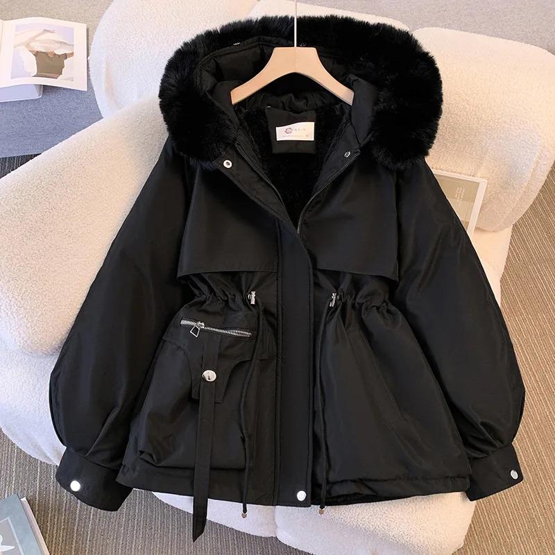 Winter Women's Down Jacket – Fleece Lined Hooded Parka, Warm Padded Coat with Drawstring, Korean Casual Streetwear, Trendy Puffer Outwear, Daily & Outdoor Fashion Jacket Womenswear Tops Outerwear Long Sleeve Fitted Basic Black Minimalist