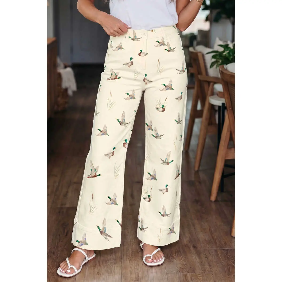 Women's Casual Pants with All-Over Duck Pattern, Loose-fitting Breathable Cotton Blend Fabric with an Elastic Waist and Side Pockets, Women's Clothes, Everyday, Bottoms