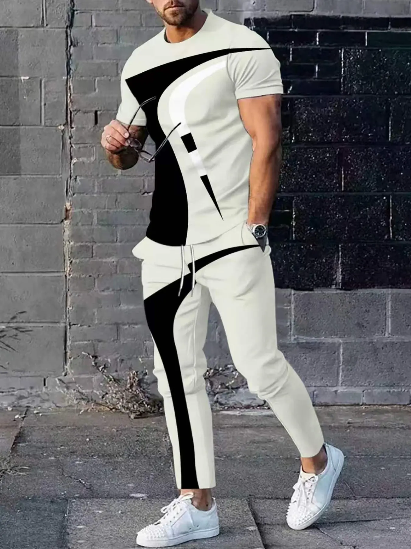 Men's Short Sleeve + Long Pants Set, 3D Printed, Casual Daily Wear, and Geometric Design, All Seasons, Fitted Style, Tee Pants Set