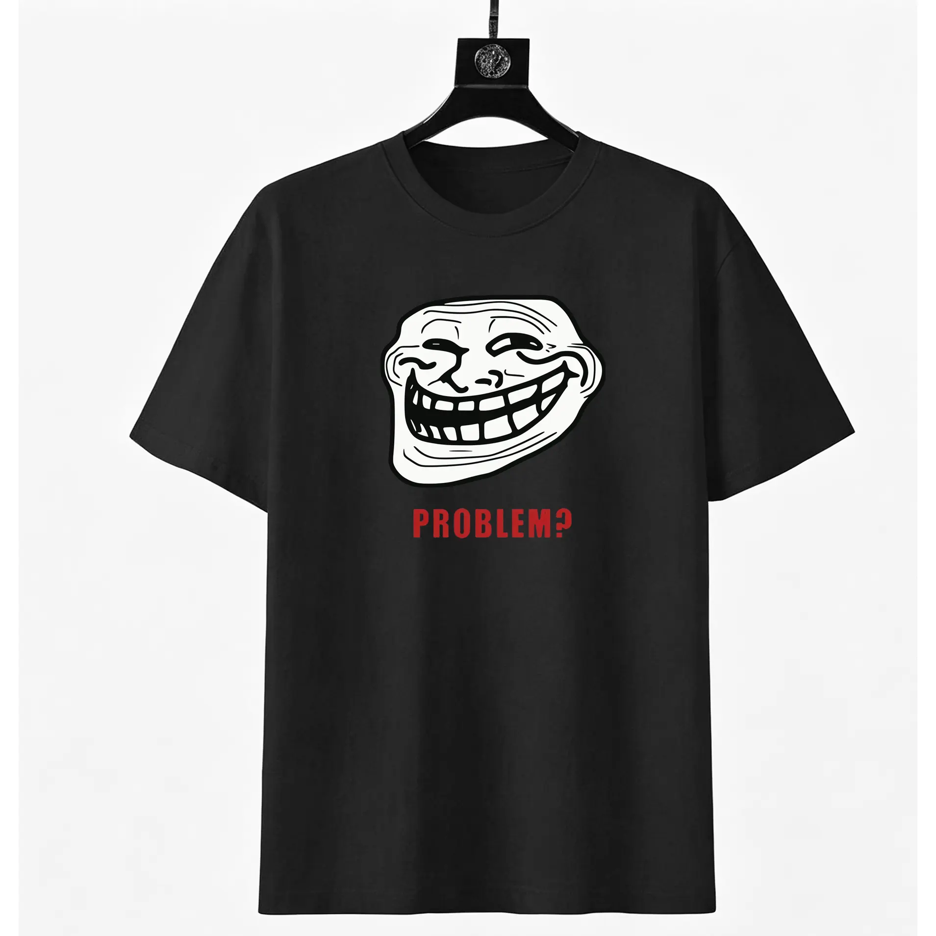 Troll Face Meme Round Neck T-Shirt, Funny Internet Trollface Graphic Tops, Black Casual Novelty Sports & Outdoor Clothes, Sporty Sports Tops