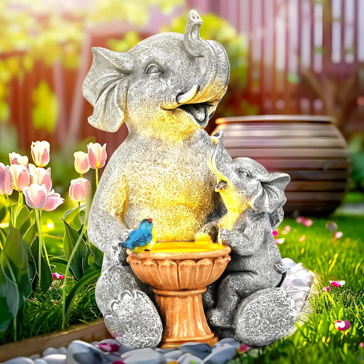 9" Solar Garden Elephant Statue with Bird Bath - Loving Elephant Decor, Outdoor Yard Decoration, Figurine Lights for Garden, Unique Housewarming Gift for Women Mom