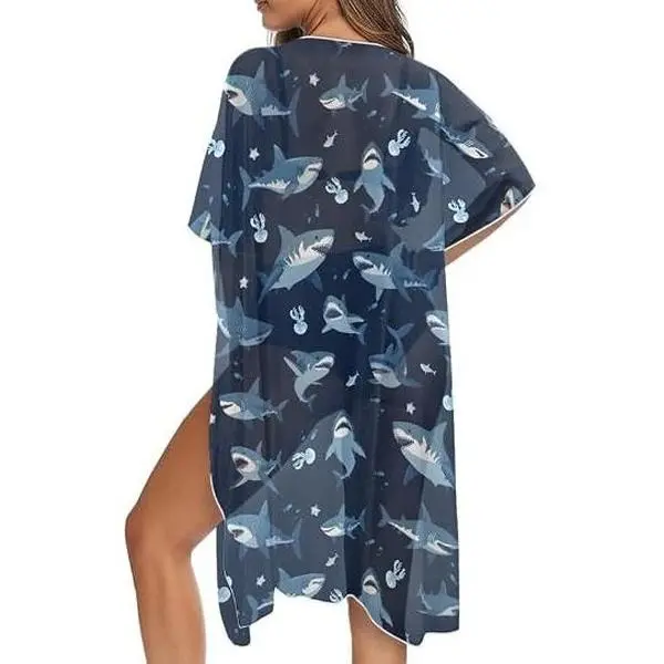 Women's Chiffon Beach Cover Up Cardigan - Open Front Kimono with Batwing Sleeves, Loose Fit, Breathable Fast-Dry Fabric, Cute Fruit Print, Side Splits for Bathing Suit Wraps