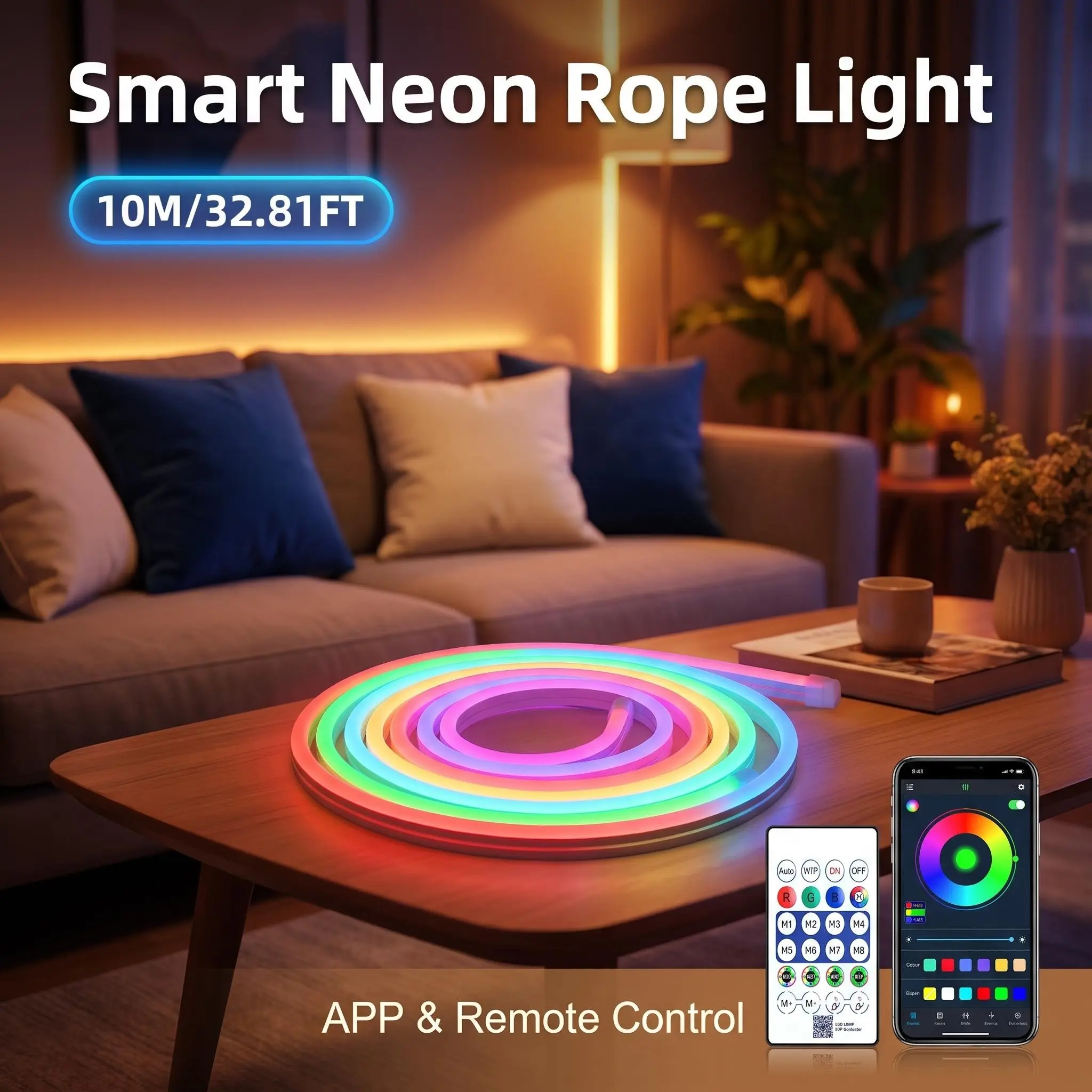 10M Smart Bluetooth-compatible Neon LED Light Strip, Waterproof, Remote Control, Music Sync, Christmas Indoor Outdoor Decor, Dc5v USB Rgbic LED Light Rope