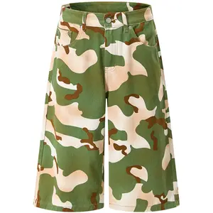Classic American Full Jungle Camo Print Contrast Stitch Multi-Pocket High Waist Denim Bermuda Shorts For Men, Summer Vintage Straight Knee-Length Street Subculture Versatile Casual Work Shorts # jean shorts men # men's shorts summer