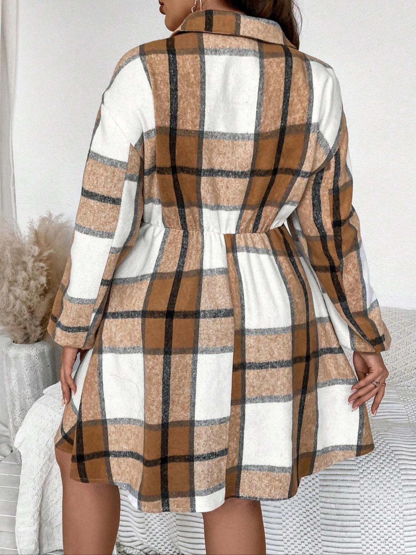 Women's Plus Size Plaid Shirt Dress, Long Sleeve Button Front Casual Short Skirt, Fall & Winter Fashion, Fitted Moderate Fabric