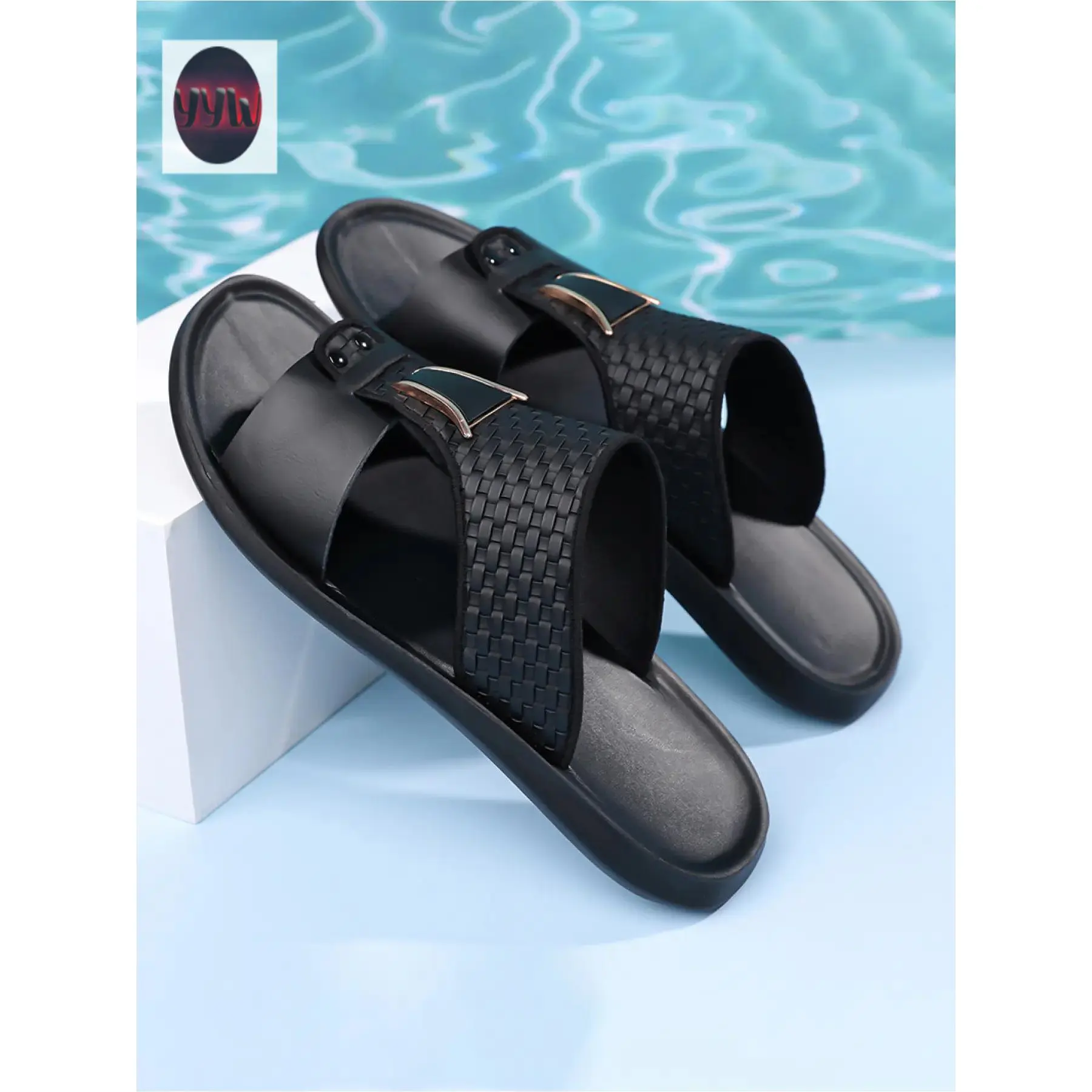 YYW1 Men's Leather Non-Soft Sole Slip-On Beach Sandals, Lightweight Durable All-Season Beachwear, Plain Resistant Casual Shoes