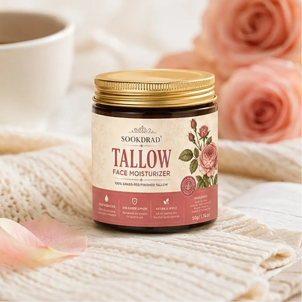 Tallow Face Moisturizer, 100% grass-fed finished tallow, jojoba oil, sweet almond oil, beeswax, vitamin E, rosehip oil, essential oils, deep hydration, skin barrier support, natural gentle, for face,