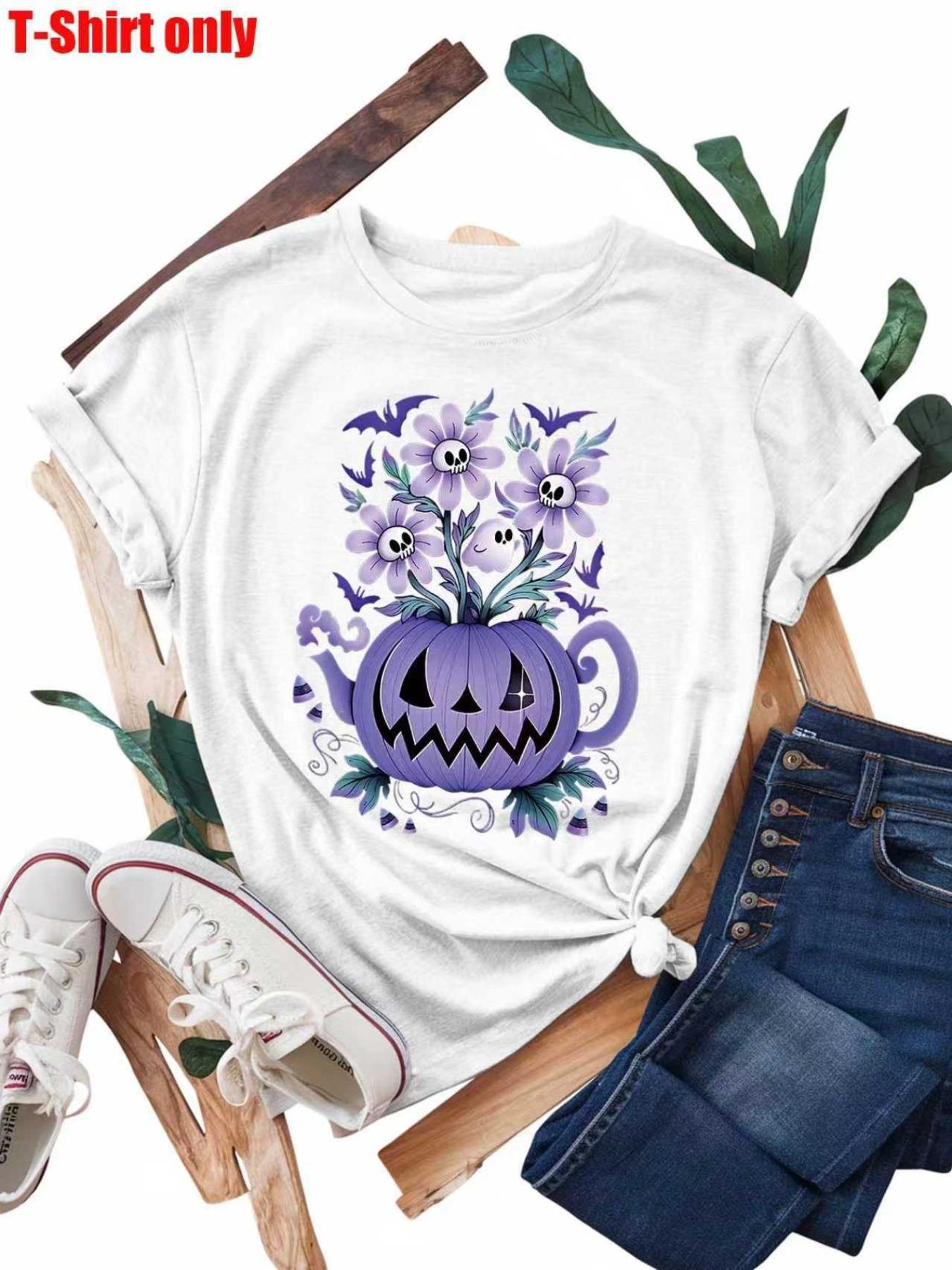 【Plus Size】 Pumpkin & Floral Print Round Neck Tee, Casual Halloween Graphic Short Sleeve T-shirt for Daily Wear, Women Plus Clothing for All Seasons