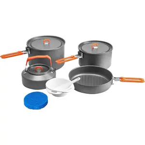 Outdoor Camping Cookware Set, Portable Stackable Cooking Pot and Pan Kit with Kettle, Saucepans and Spatula for Hiking, Fishing and Backpacking