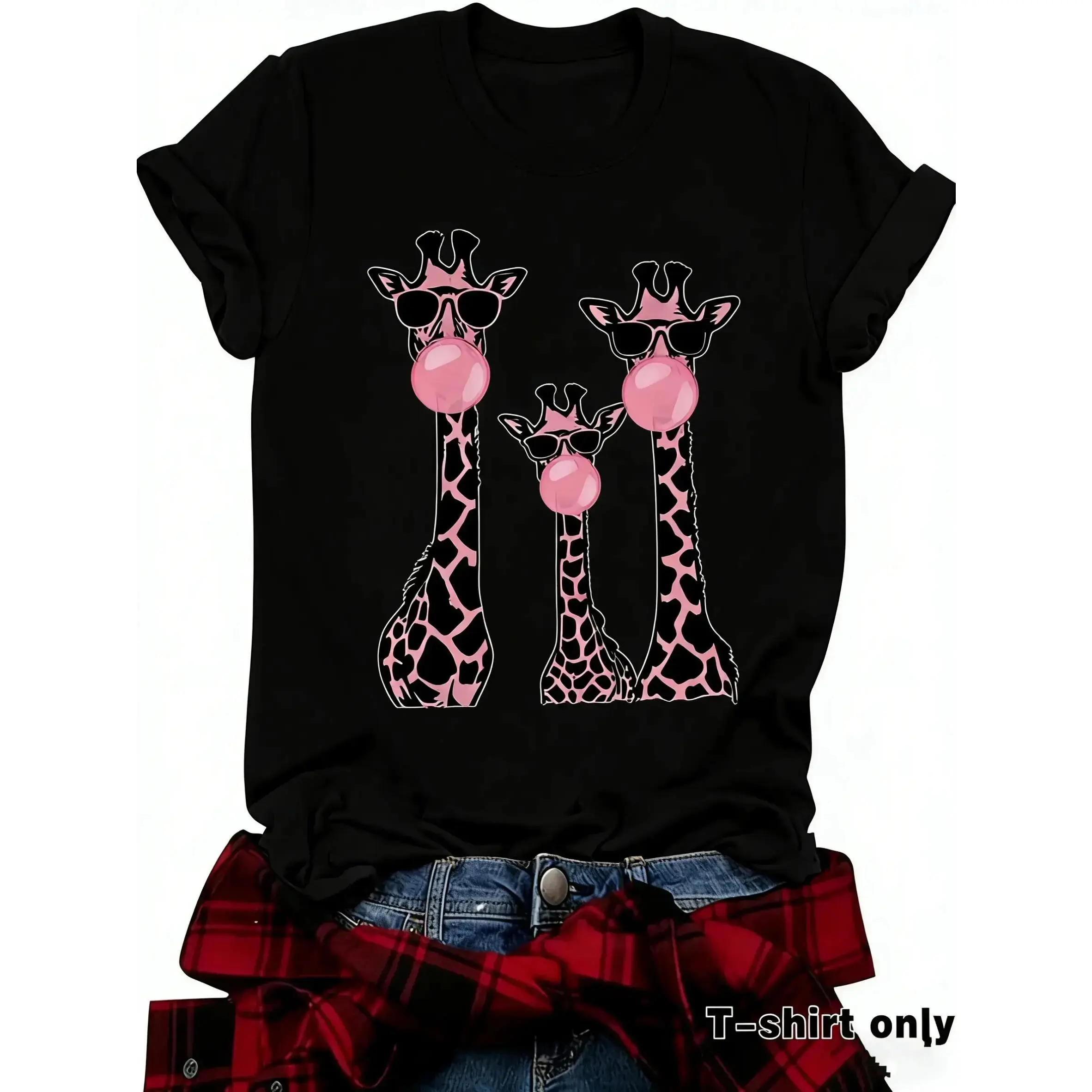 Women's Giraffe Print Round Neck Snug Fit Casual Sports Top - Standard Sizes Tshirt for Summer Daily, Holiday Outdoor Wear (Sports & Outdoor Clothing)