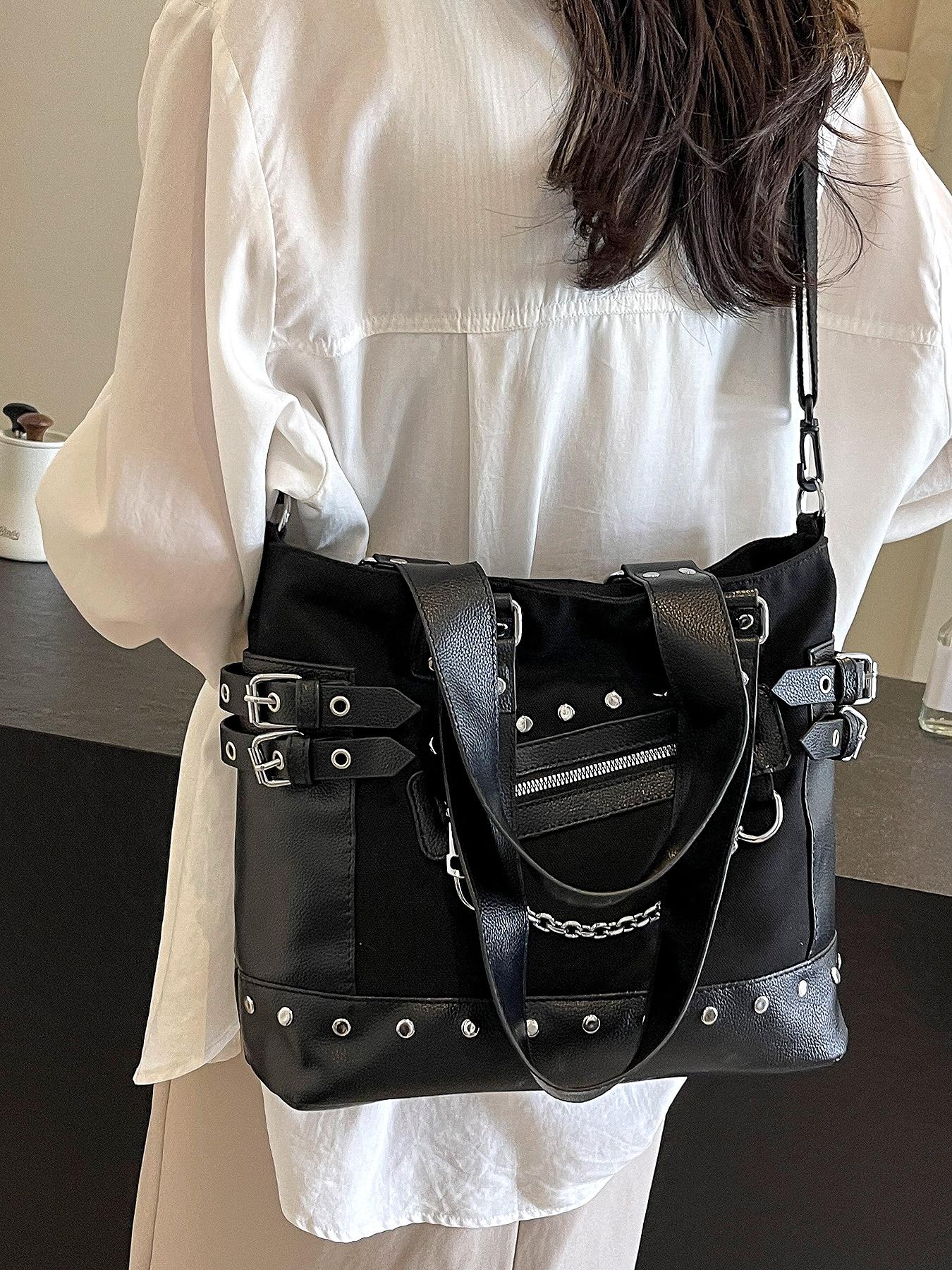 Niche Design Punk Style Rivet Chain Tote Bag, Casual Commuter Bag, Multi-pocket Functional Shoulder Crossbody Bag, Dark Hardware Decorated Handbag, Pu Tote Satchel, Street Style Fashion Trendy and Versatile, Suitable for Daily Travel, Etc