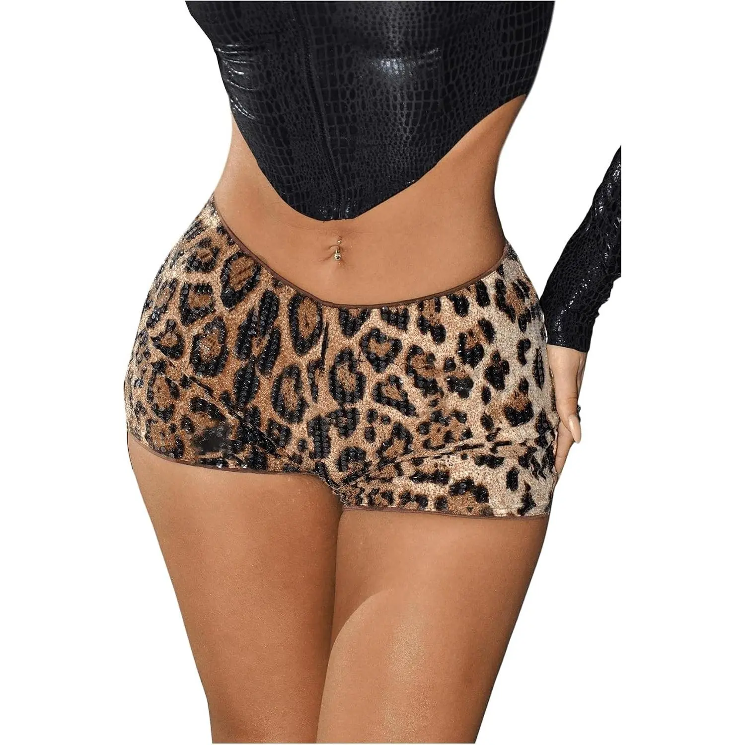 Women's Glitter Sequin Leopard Shorts Low Rise Sexy Rave Club Outfits Booty Shorts Hot Pants