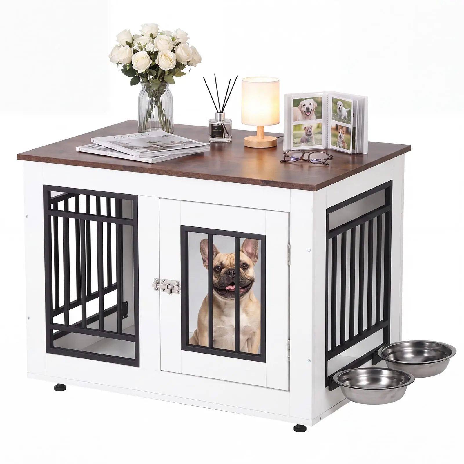 Dog Crate Furniture for Small to Medium Dogs – Double Bowls Included, 28in Wooden Indoor Dog Kennel  | Furniture Style Side Table